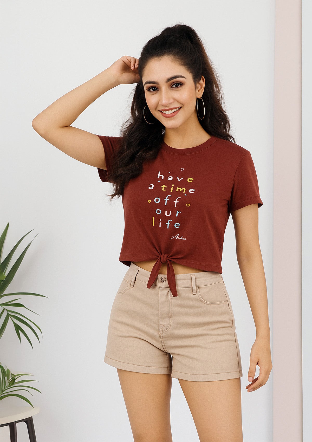 Women’s Tie Front Graphic Crop Top – Reddish Brown Cotton Jersey
