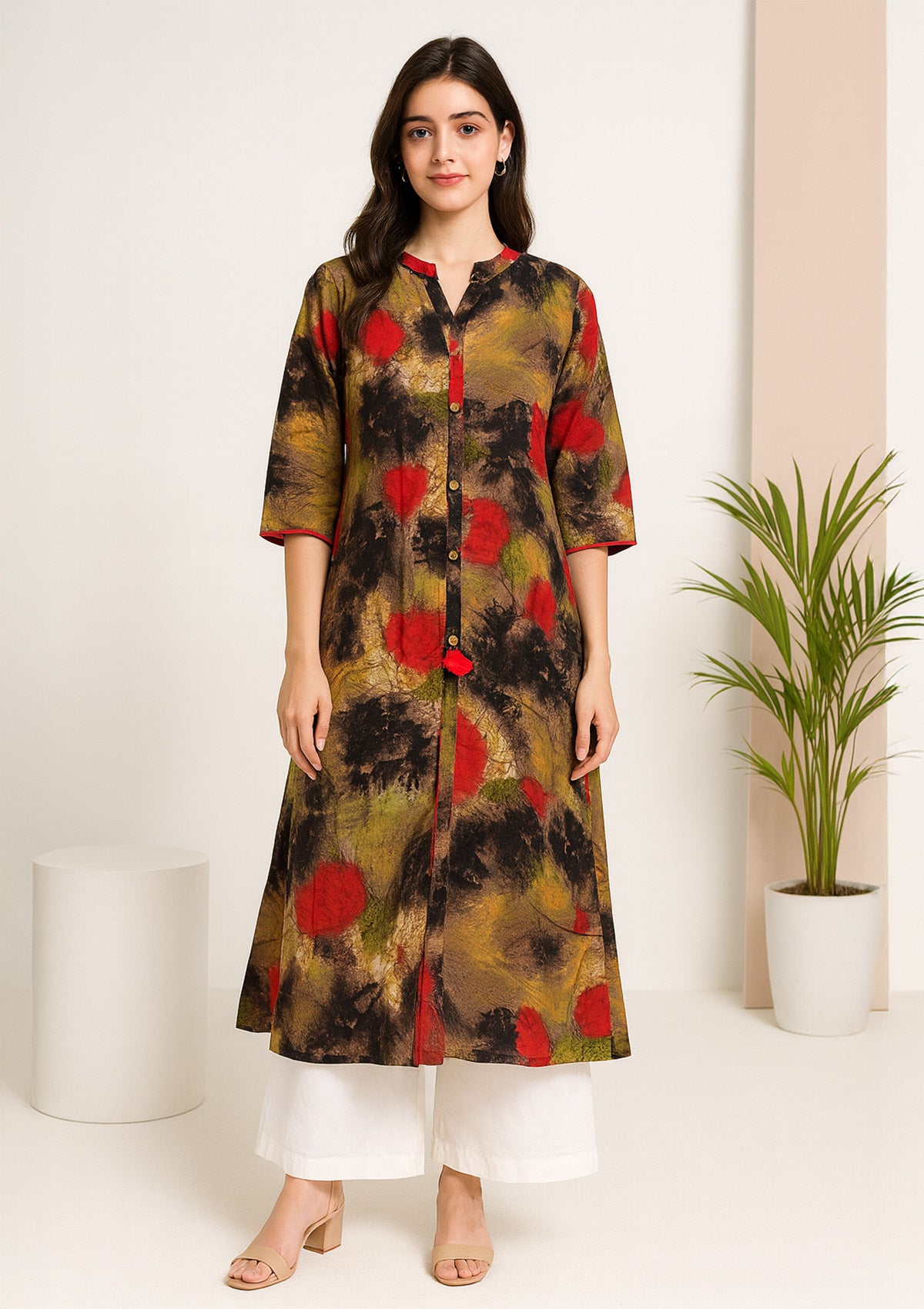 Women's A-Line Kurti – Multicolor Artistic Brush Print & Front Tassel