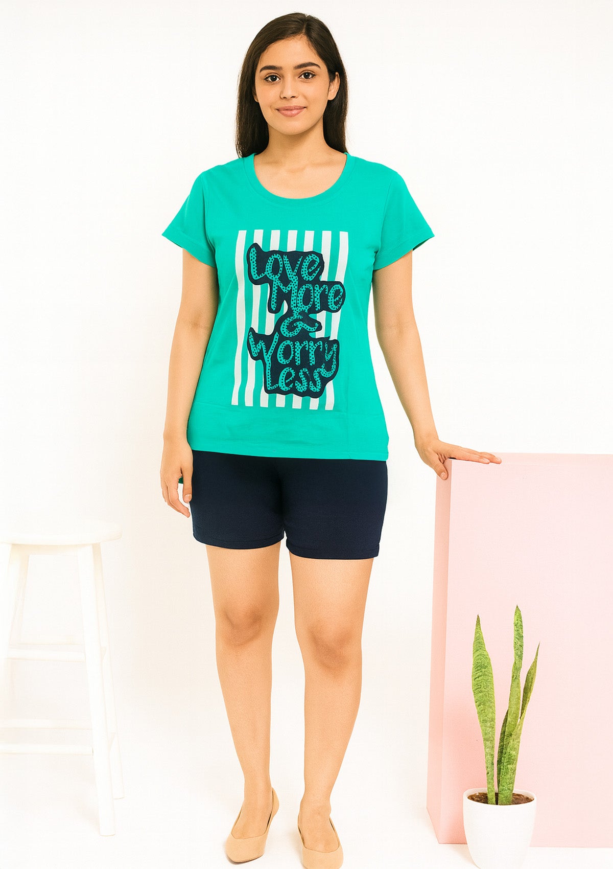 Aqua Cotton Hosiery Top – "Love More Worry Less" Graphic