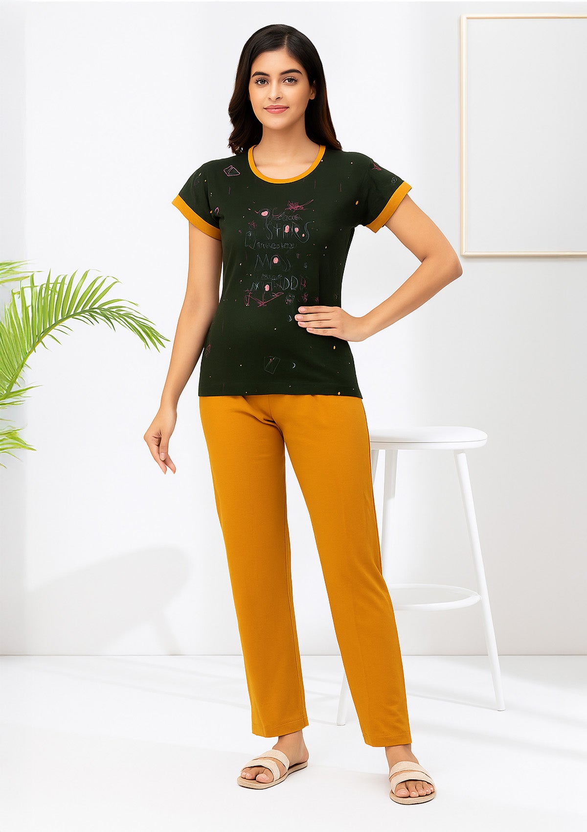 Lounge Set - Cotton Graphic Knit Tee & Straight Fit Bottoms