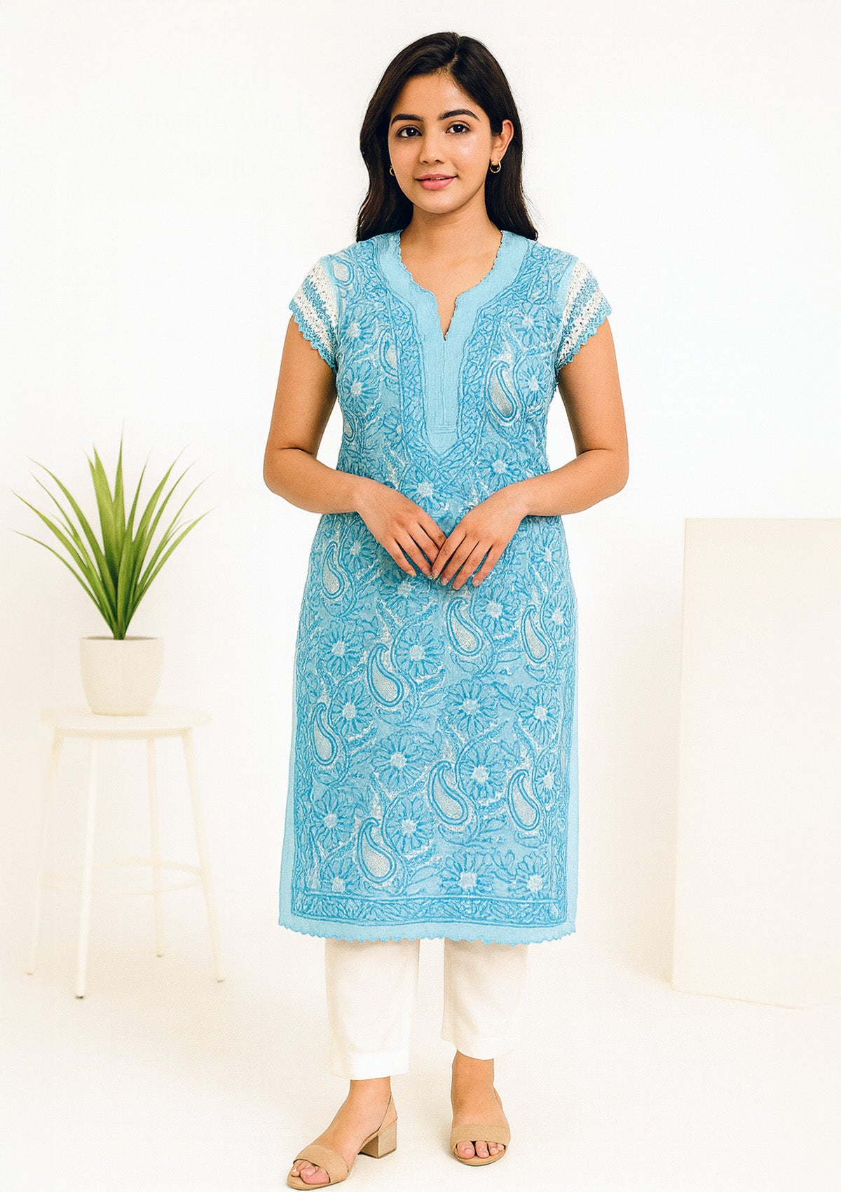 Sky Blue Paisley Embroidery Chikankari Cotton Kurti