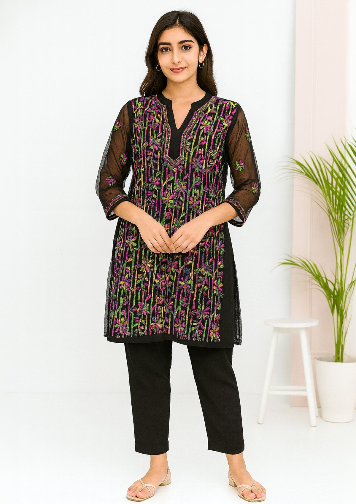 Women Georgette Kurti – Black Multicolor Floral Thread Embroidery