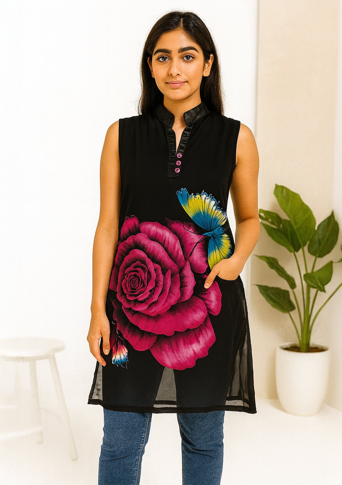 Women’s Black Silk Sleeveless Kurti Top – Pink Rose & Butterfly Print