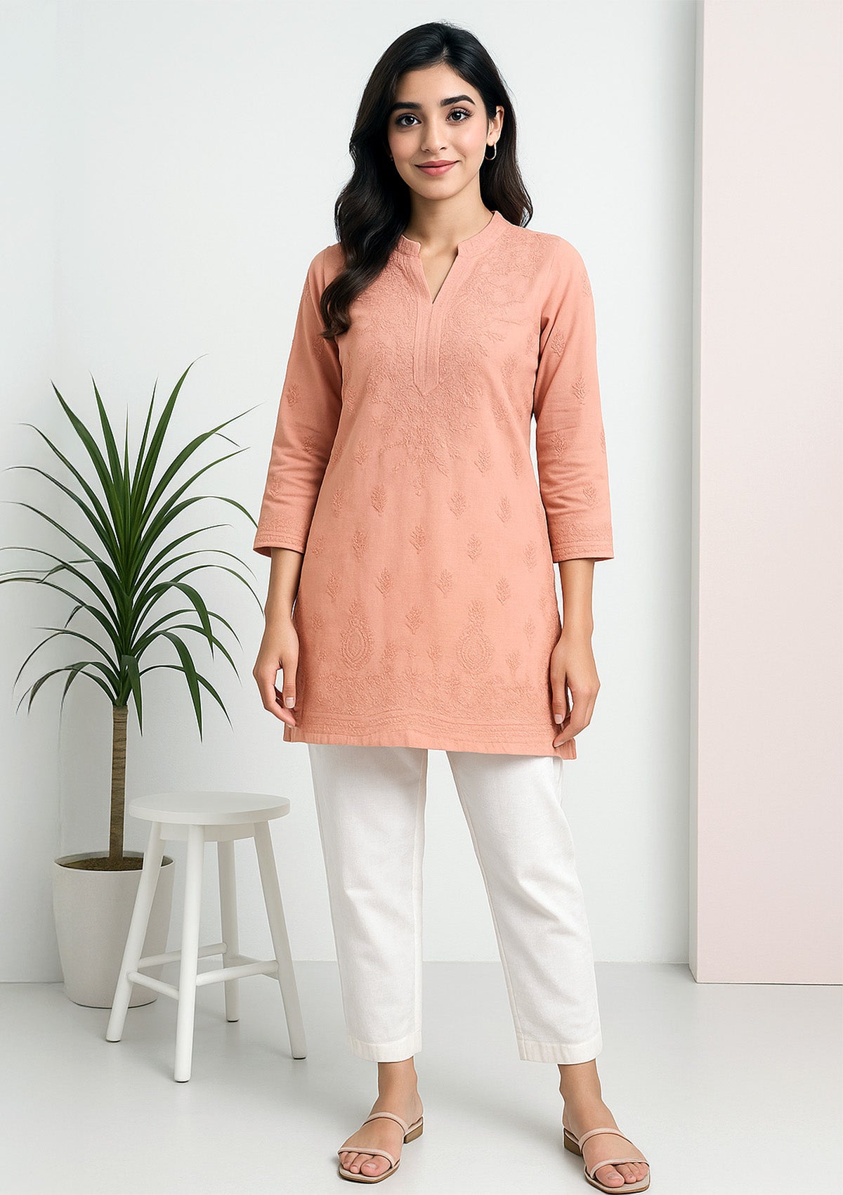 Women Cotton Kurti – Peach with Self-Tone Paisley & Floral Embroidery