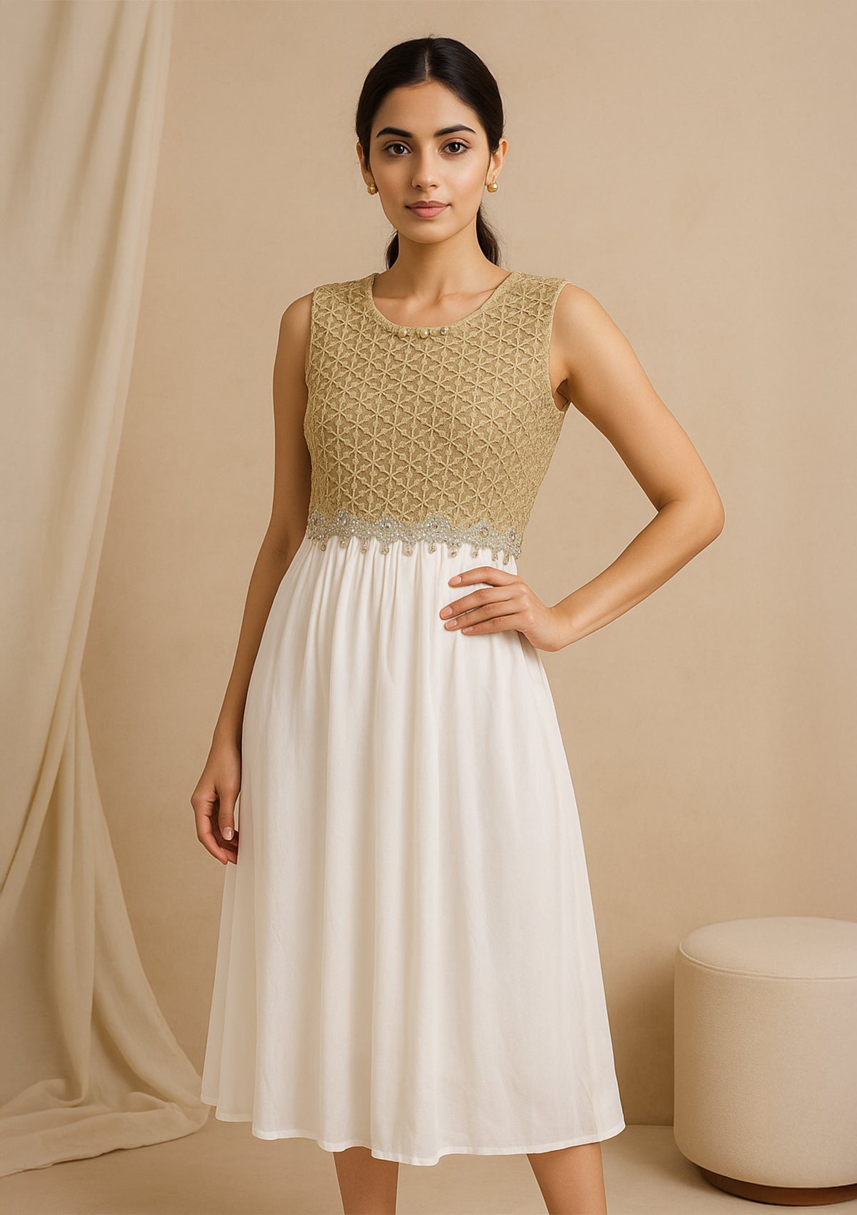 Women’s White Midi Chiffon & Net Dress – Designer Party Wear