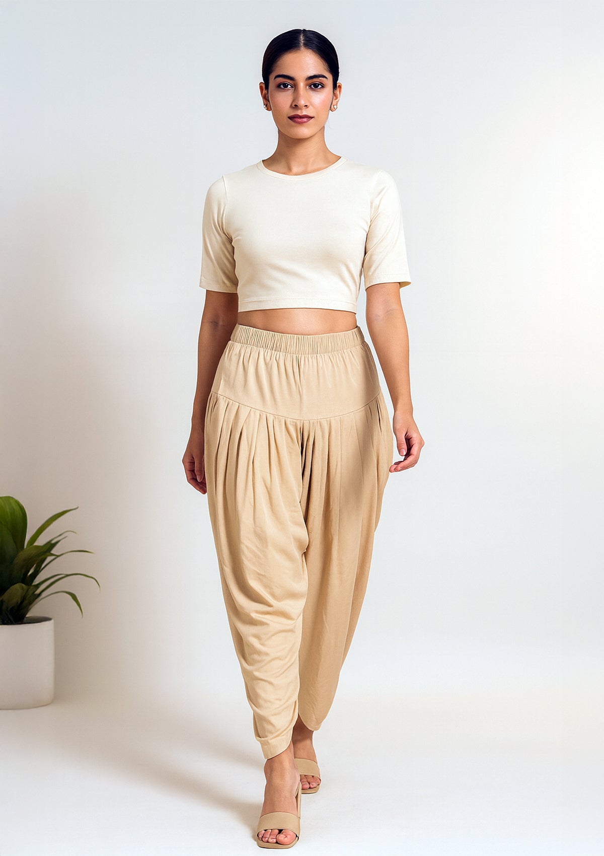 Women’s Beige Solid Dhoti Pants – Stretch Hosiery Draped Salwar