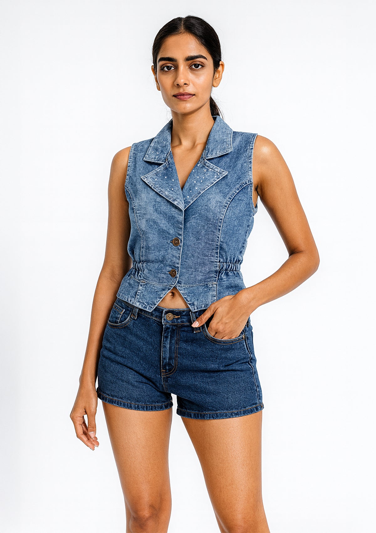 Women’s Sleeveless Denim Top – Light Blue & Drawstring Waist