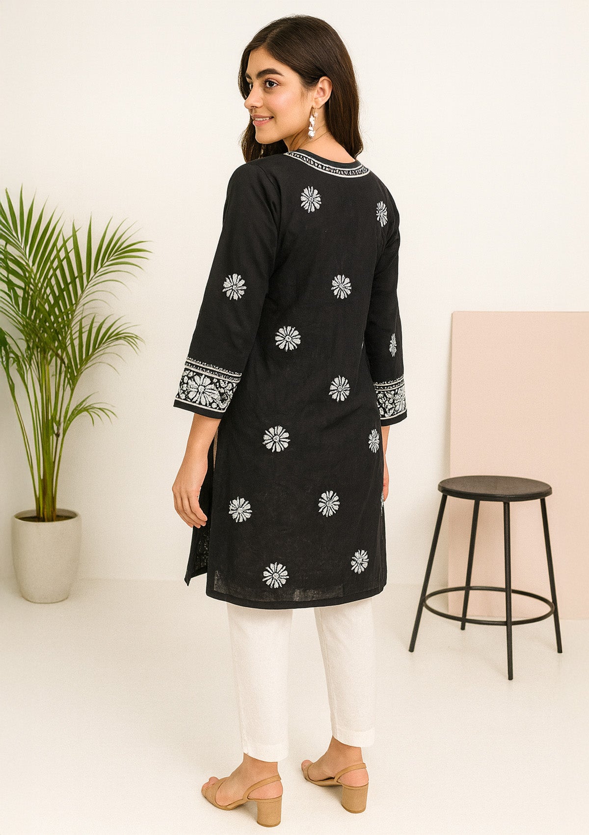 Women's Cotton Kurti – Black with White Floral Thread Embroidery