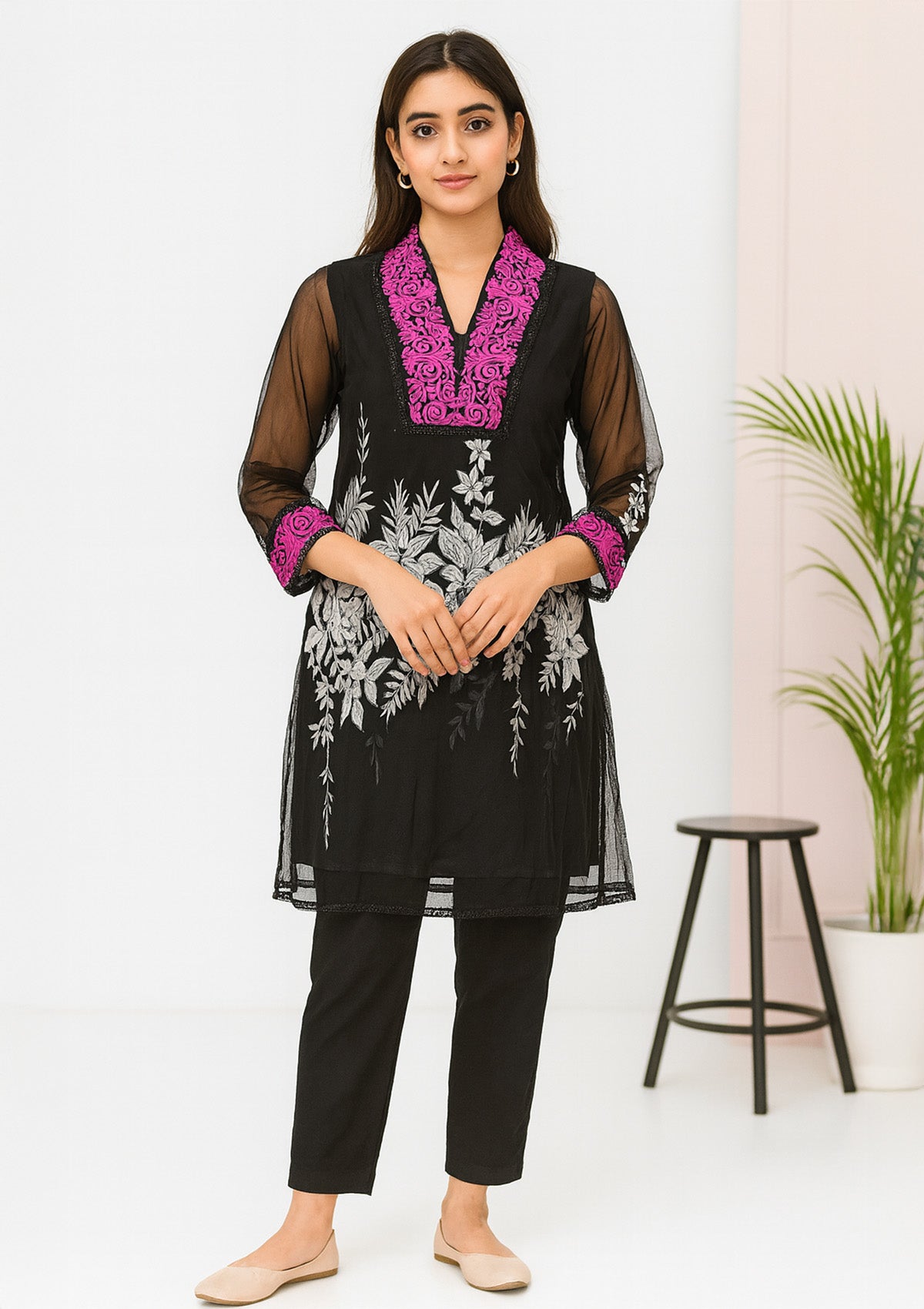 Women Georgette Kurti – Black with White & Pink Floral Embroidery