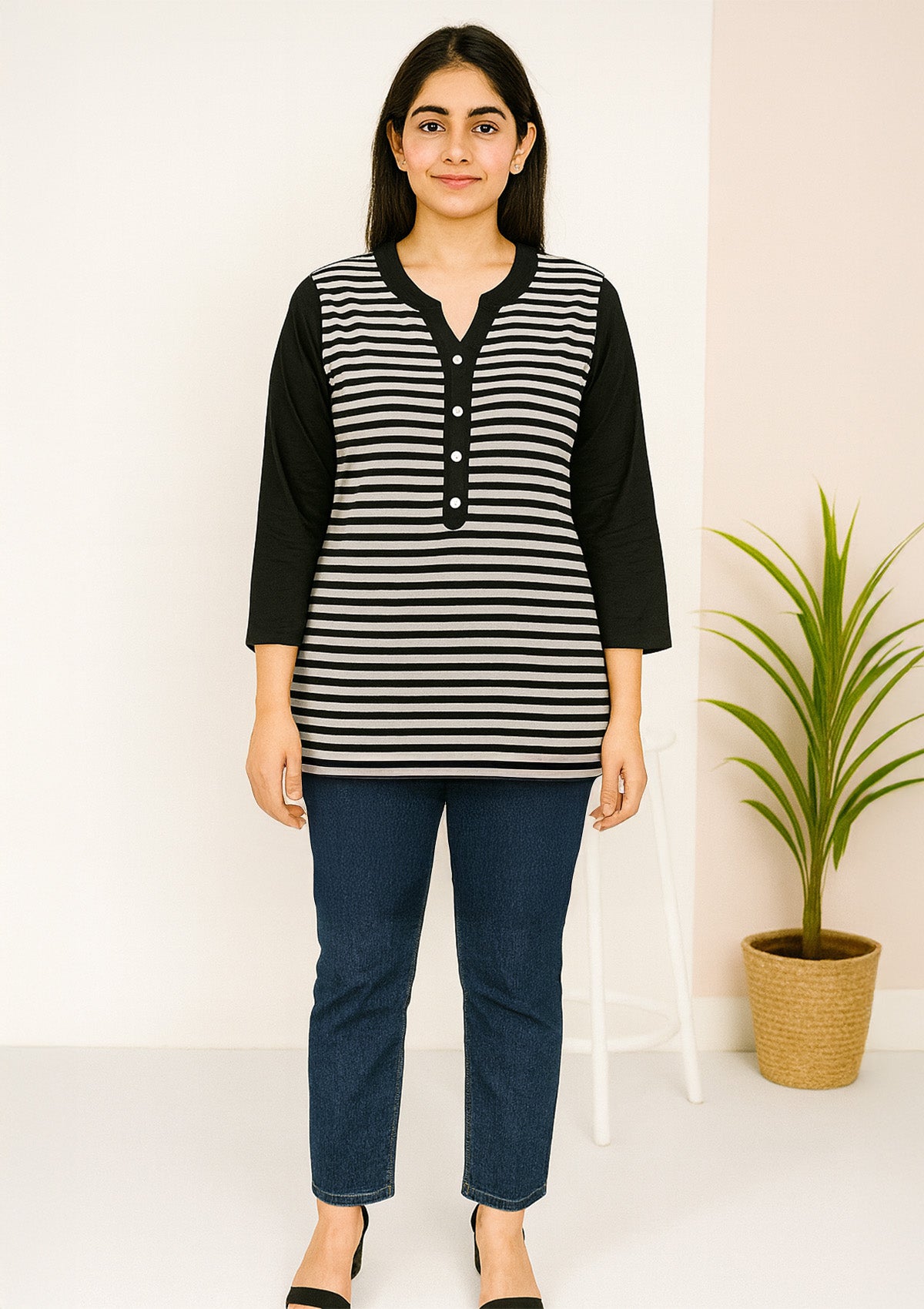 Women's Black & Grey Cotton Top – Striped Long Sleeve Henley