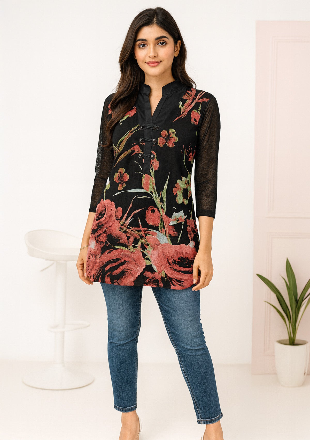 Women’s Black Net Stretchable Short Kurta Top – Floral Print