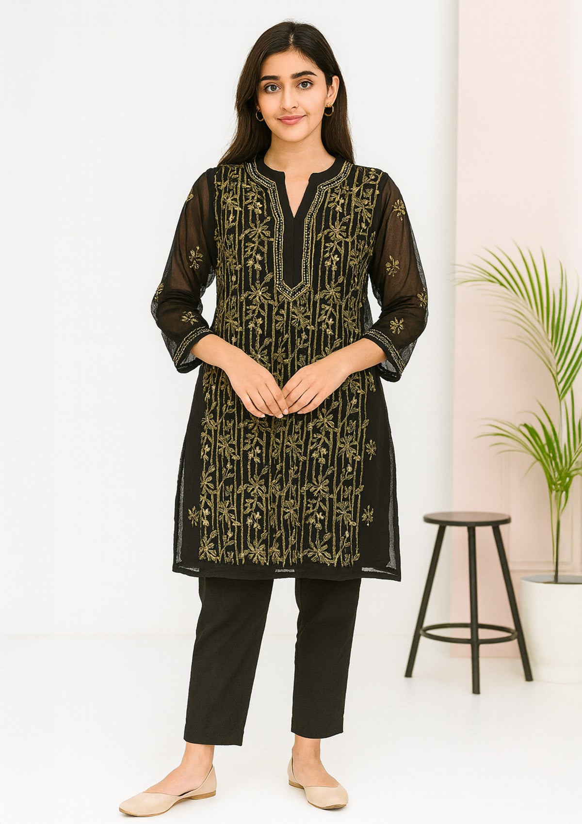 Women Georgette Kurti – Black with Green Floral Thread Embroidery