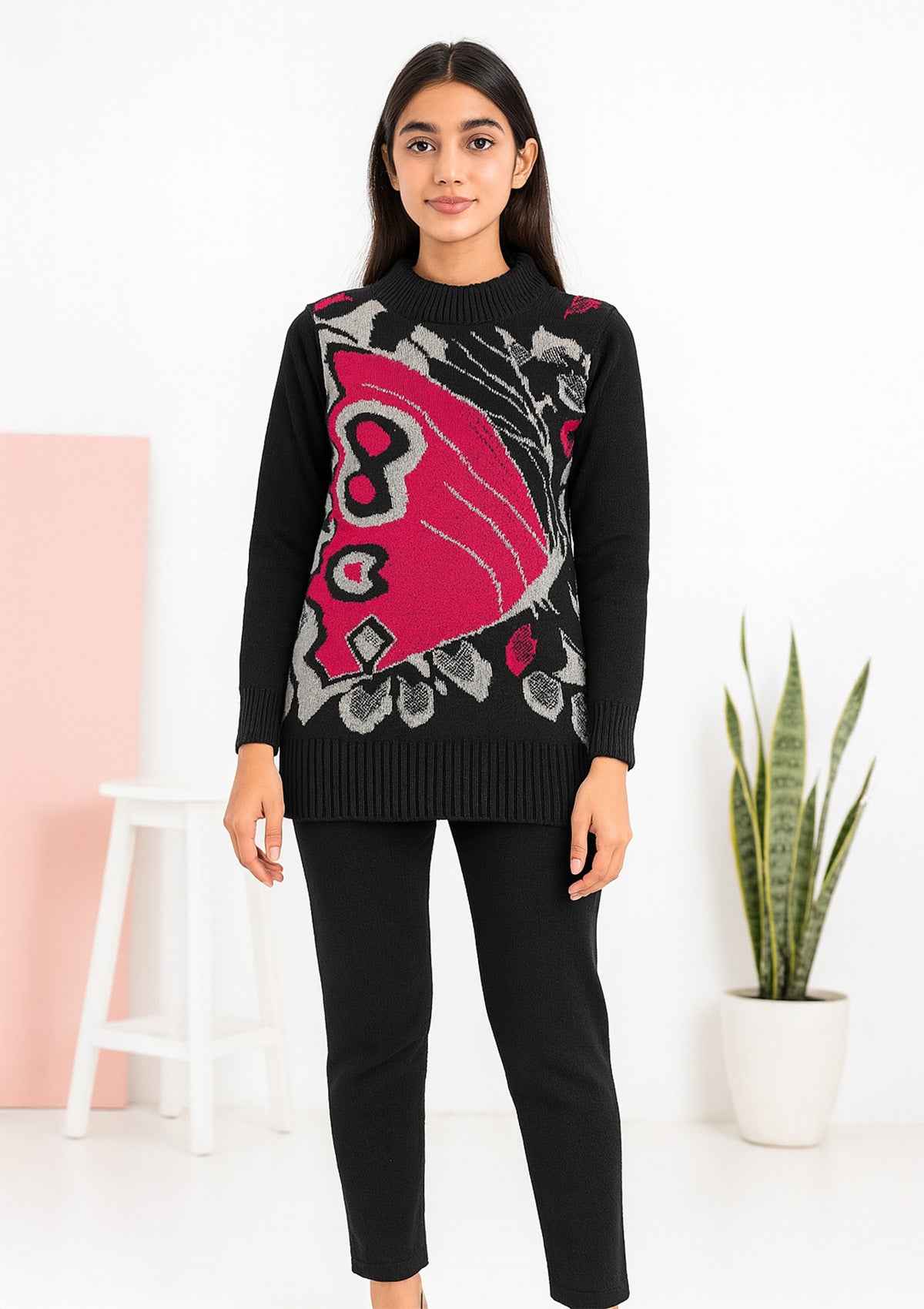 Girls Woolen Top – Warm Jacquard Knit Pullover with Hot Pink