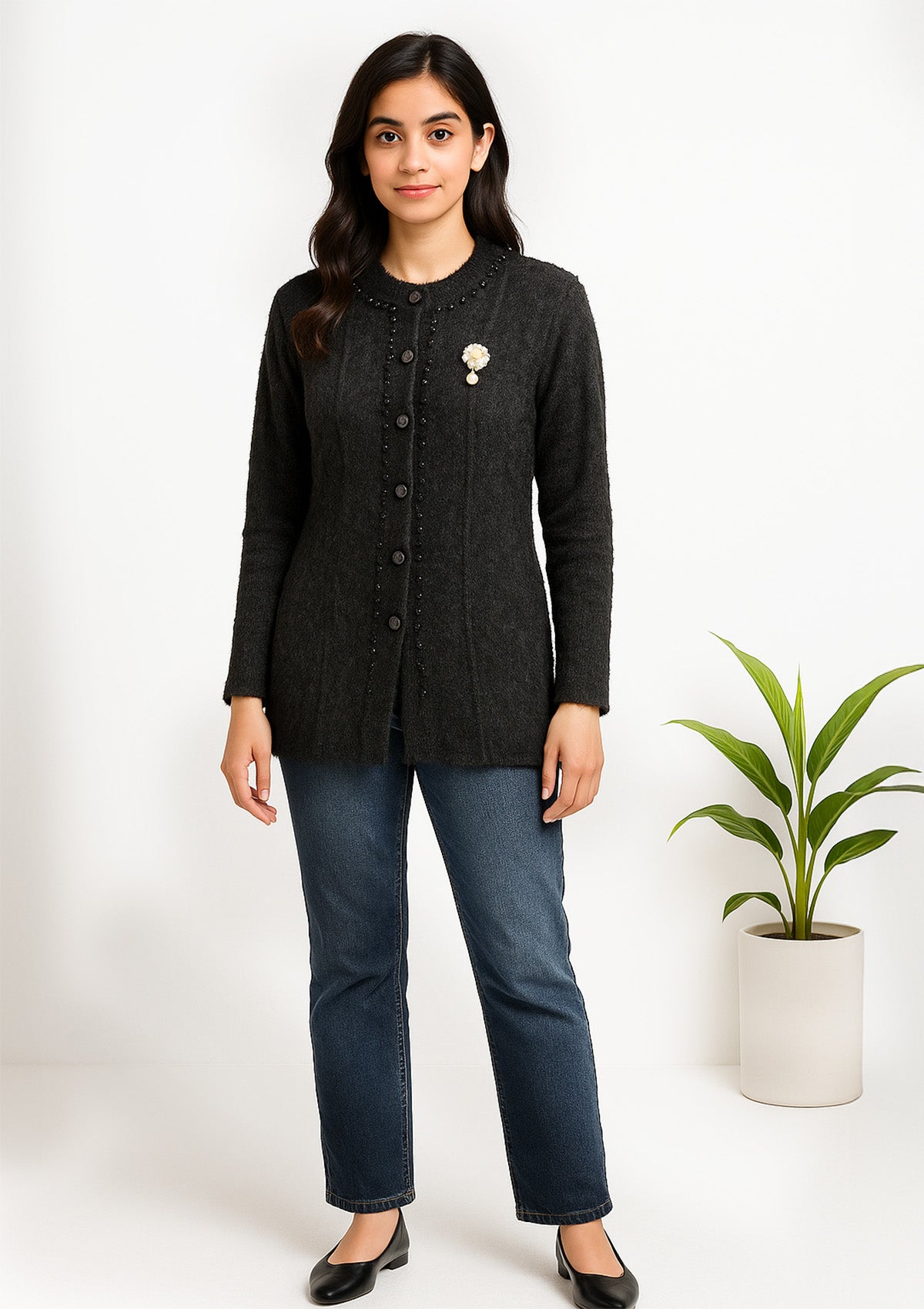 Feather Wool Soft Texture Black Cardigan – Pearl Bead Detail