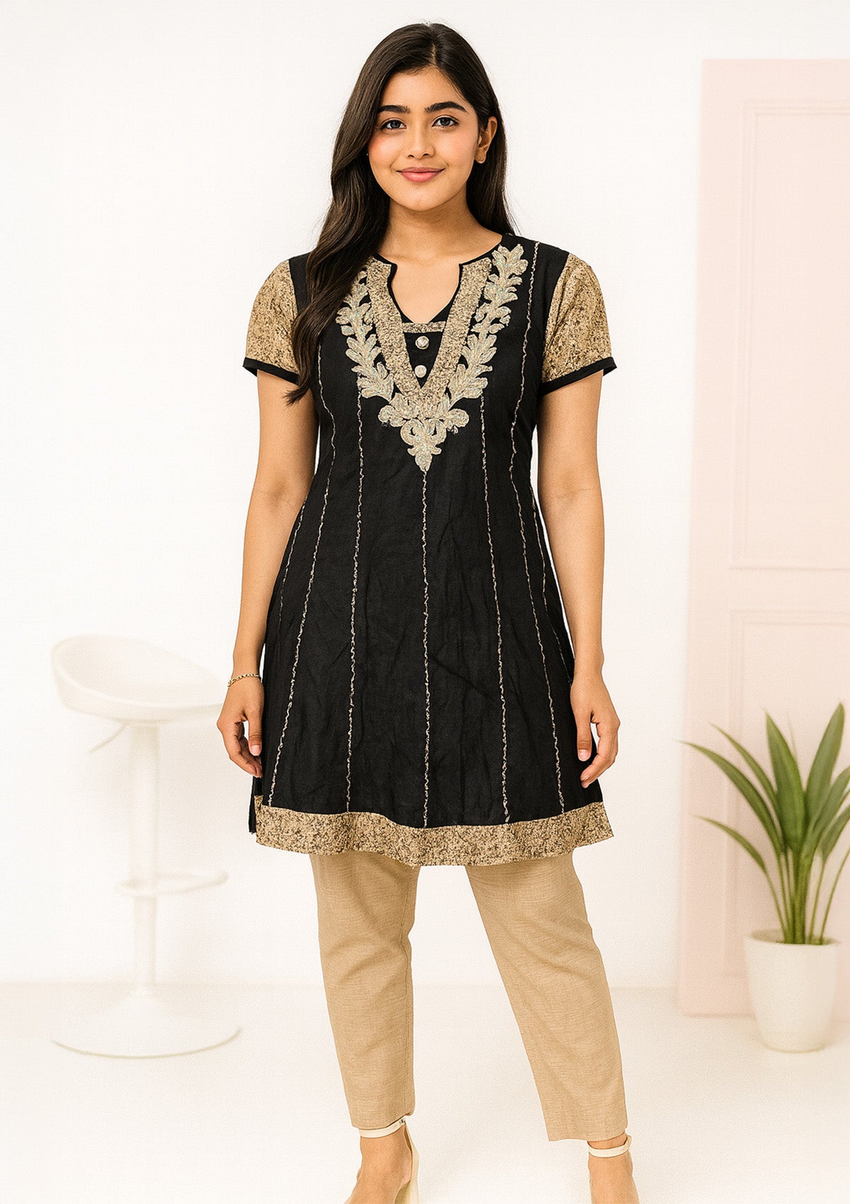 Women’s Black Cotton A-Line Short Kurti – Embroidered Neck
