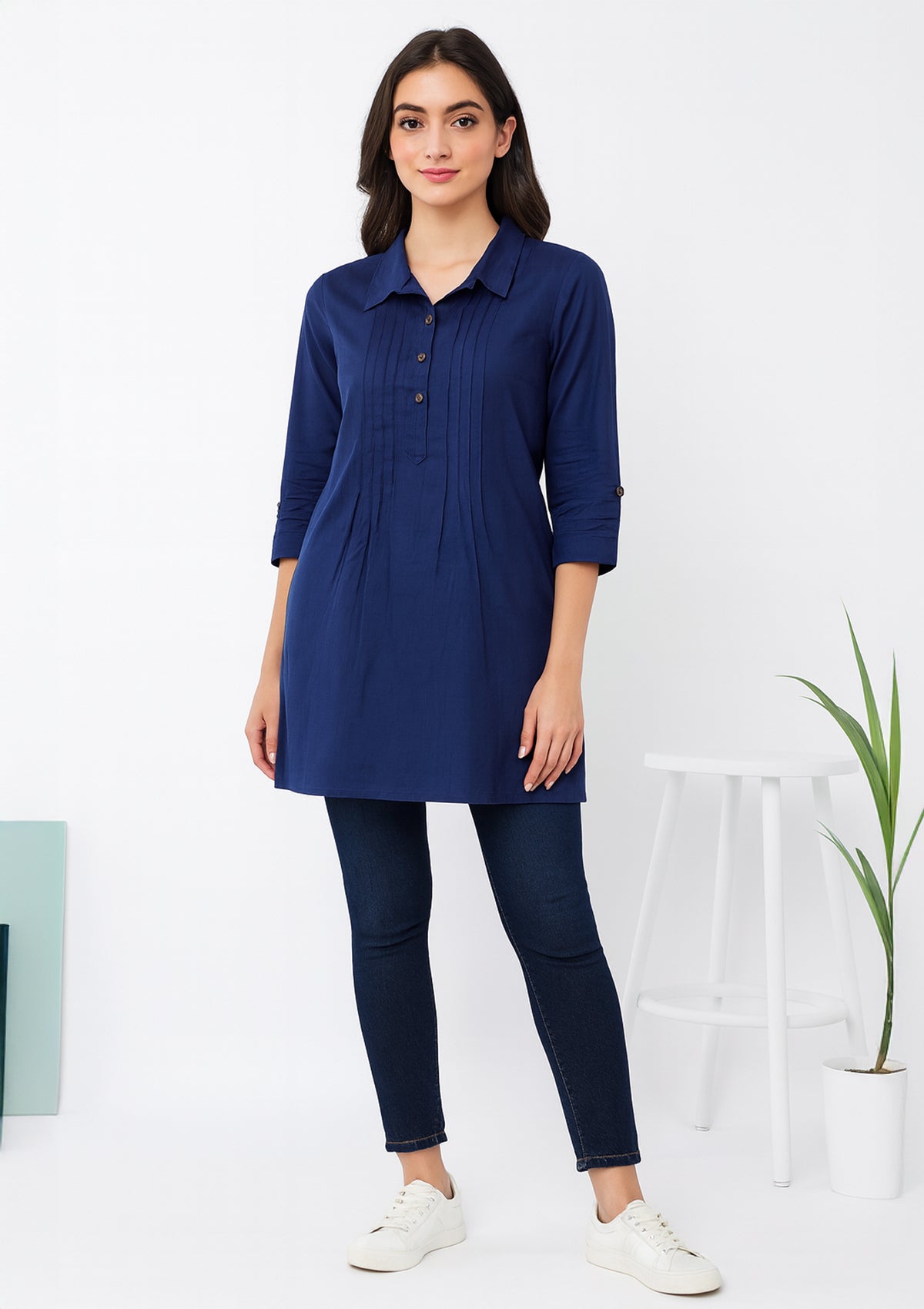 Navy Blue Cotton Kurta – Pintuck Detailing & Button Placket