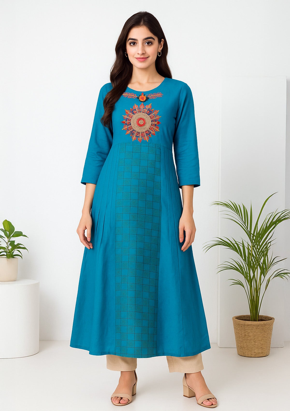 Women's Chanderi Silk A-line Kurti – Sky Blue Designer Embroidered