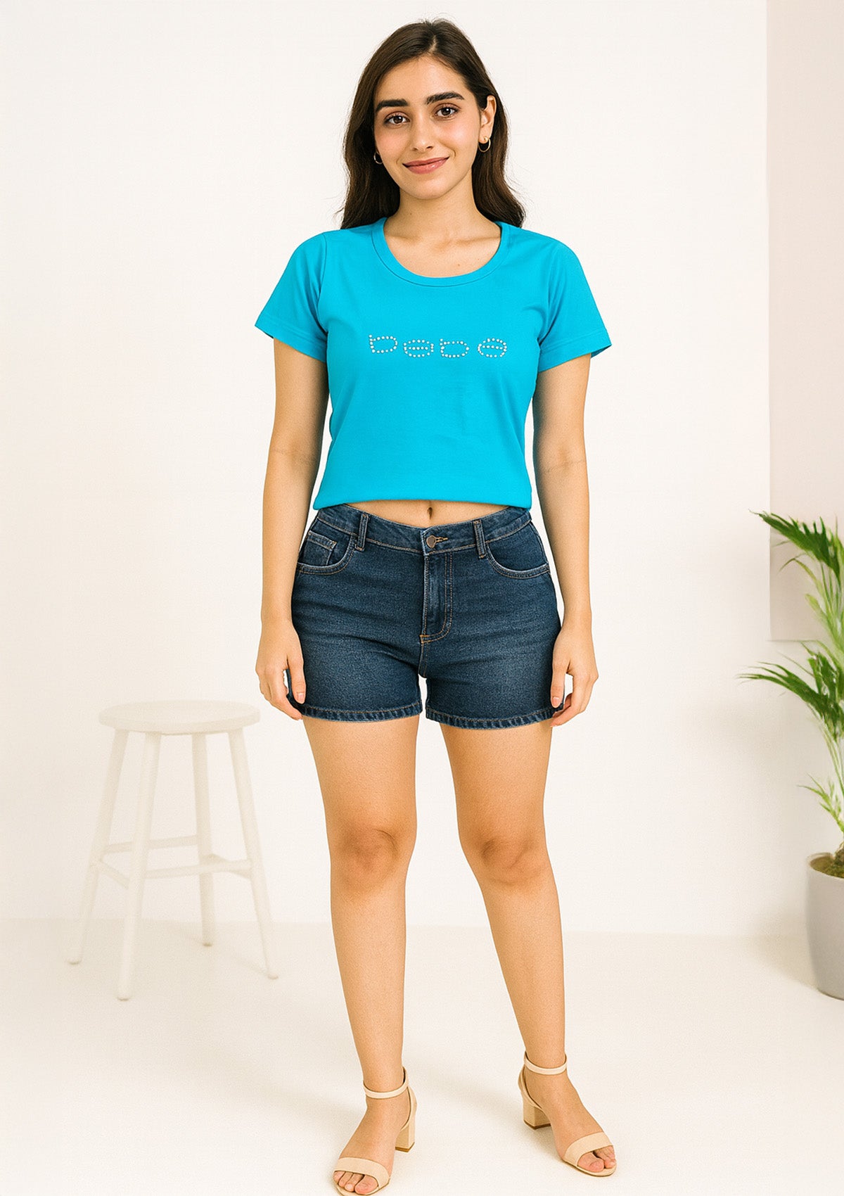 Women’s Blue Cotton Hosiery Top – “Bebe” Embellished Slogan
