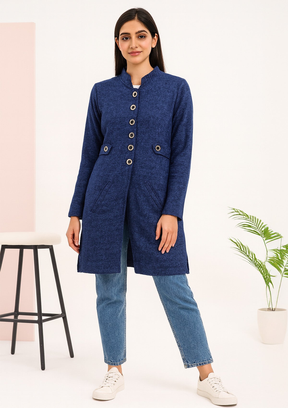 Women’s Blue Button-Up Cardigan – Mandarin Collar