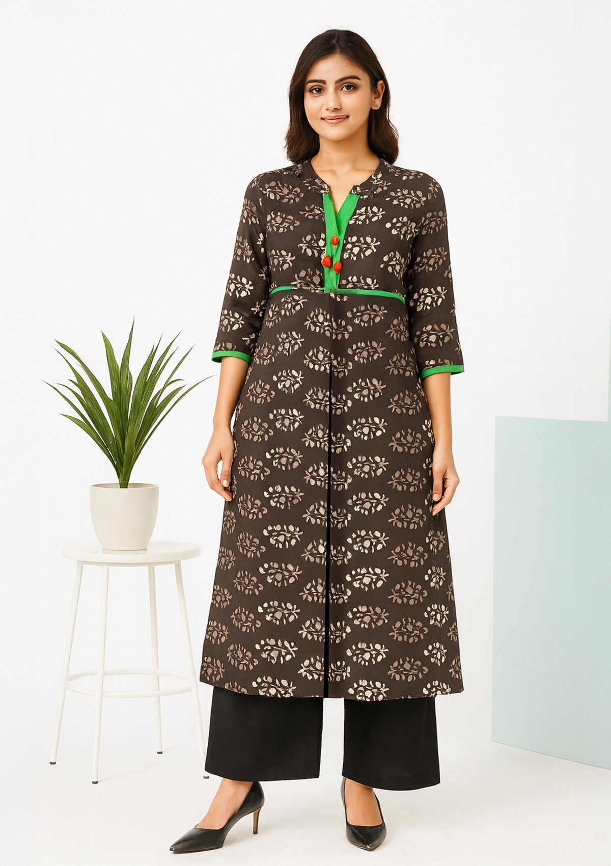 Women's Brown & Cream Leaf Print - Rayon A-Line Kurti
