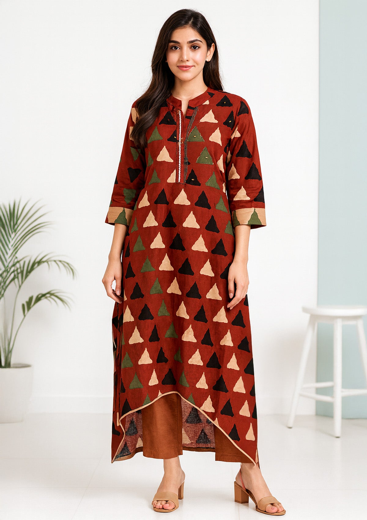 Women's A-line C-Cut Kurti Dress – Abstract Print with High-Low Hem