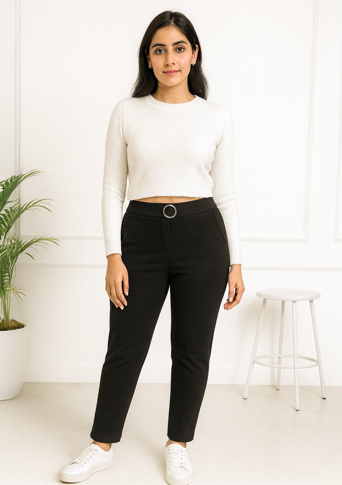 Warm Stretch Pants – Slim Winter Bottoms with Front Belt Buckle