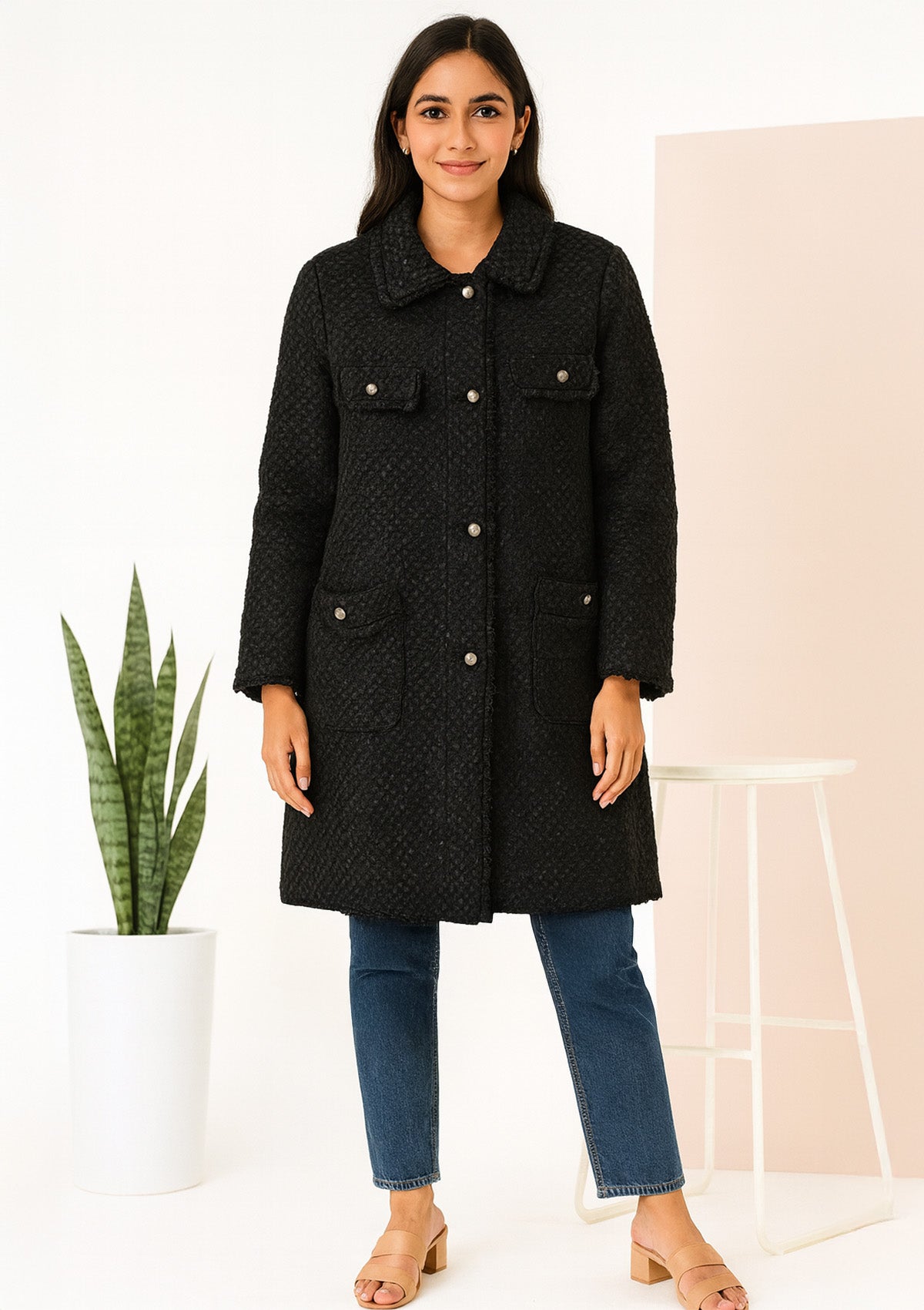 Premium Long Coat for Women – Textured Bouclé Wool‑Blend Feel