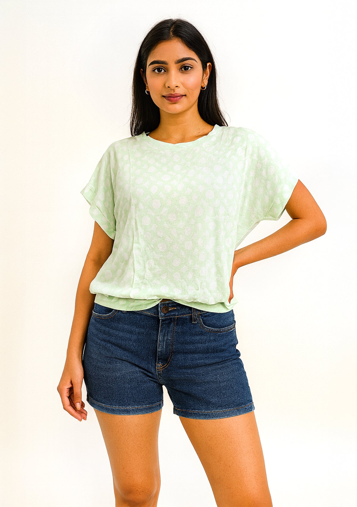 Women’s Mint Green Dot Pattern Balloon Top - Cotton Hosiery