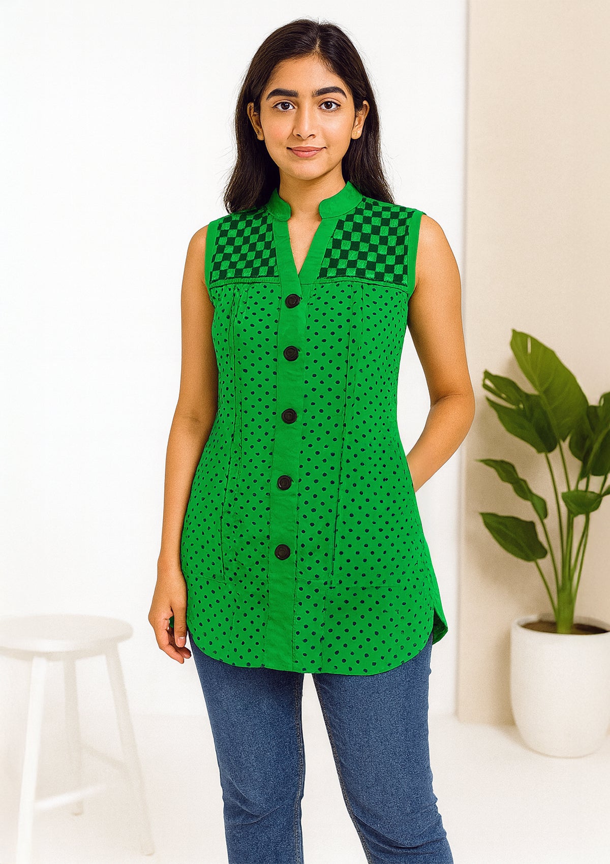 Women’s Green Rayon Sleeveless Top – Polka Dot Print