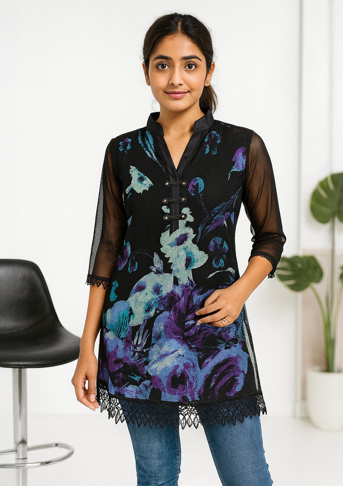 Women’s Black Net Short Kurta - Floral Print & Lace Hem