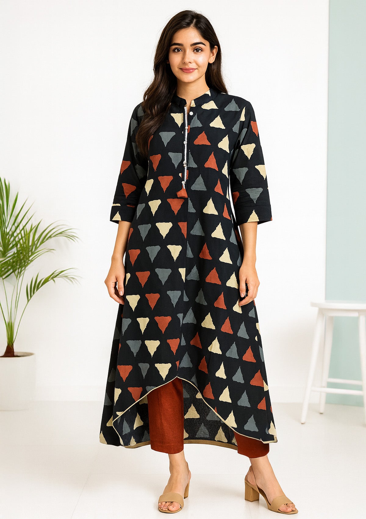 Women's Cotton A-line C-Cut Kurti Dress – Geometric Triangle Print