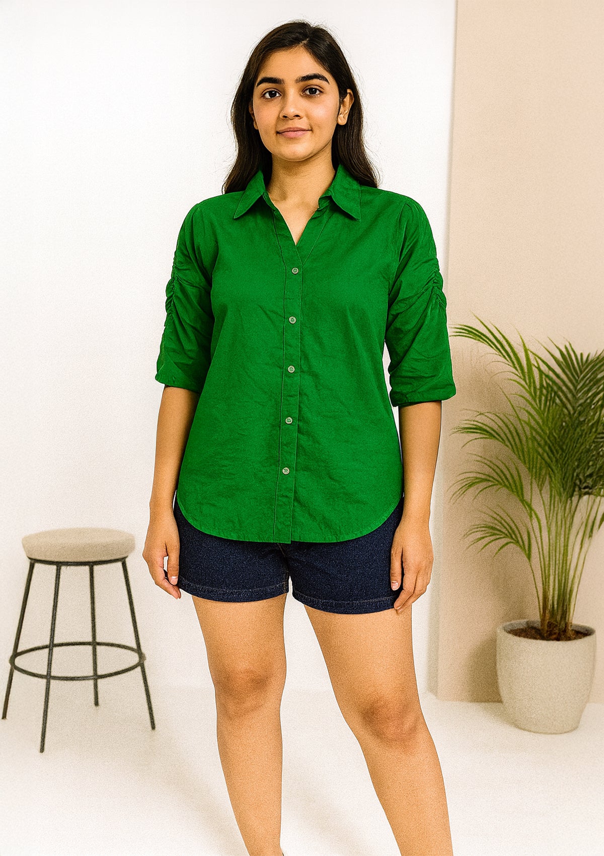 Women’s Green Stylish Cotton Shirt – Ruched Half Sleeve