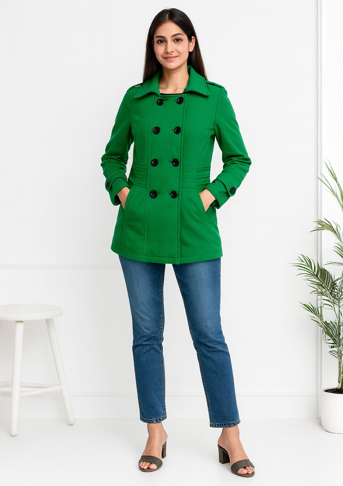 Premium Green Double Breasted Wool Coat – Soft Fleece Warmth