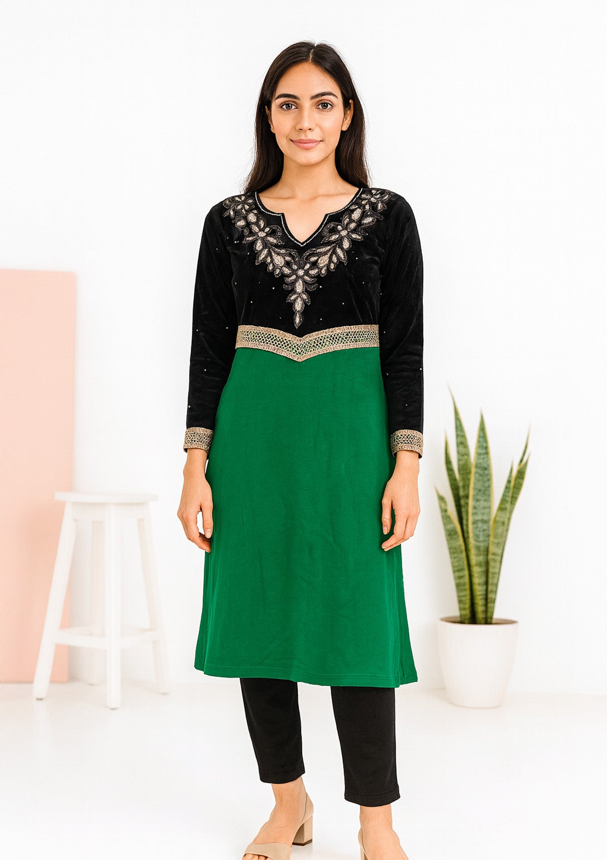 Woolen Velvet Frock Kurti for Women – Embellished Yoke