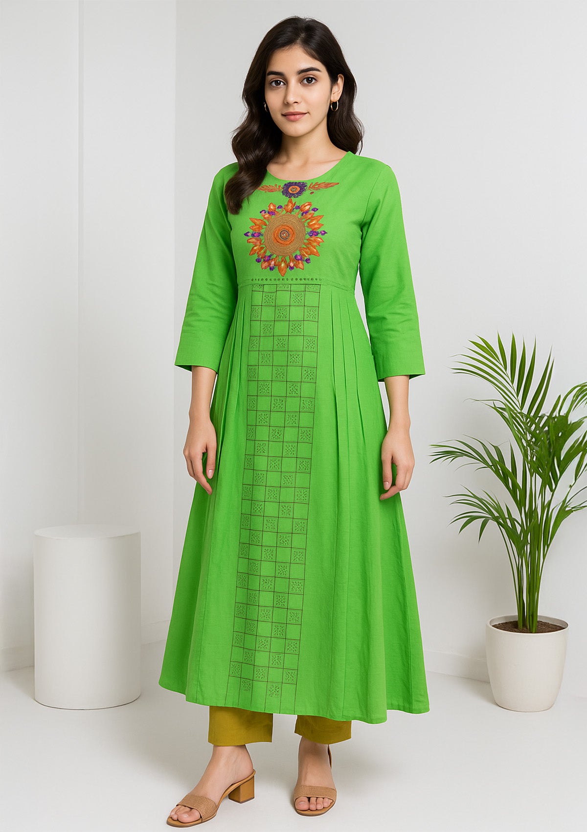 Chanderi Silk A-line Kurti – Bright Green with Embroidered Yoke