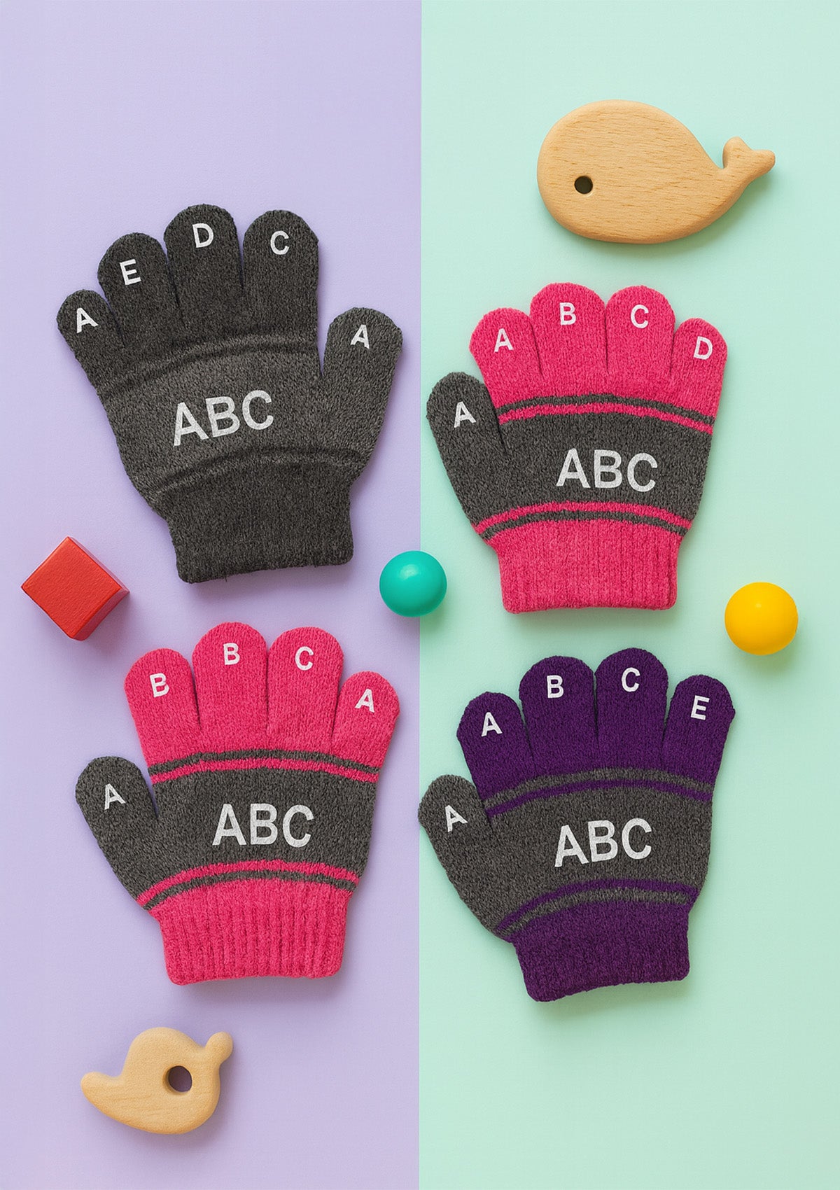 Kids ABC Stripe Gloves Set of 4 – Soft Knitted Finger Gloves