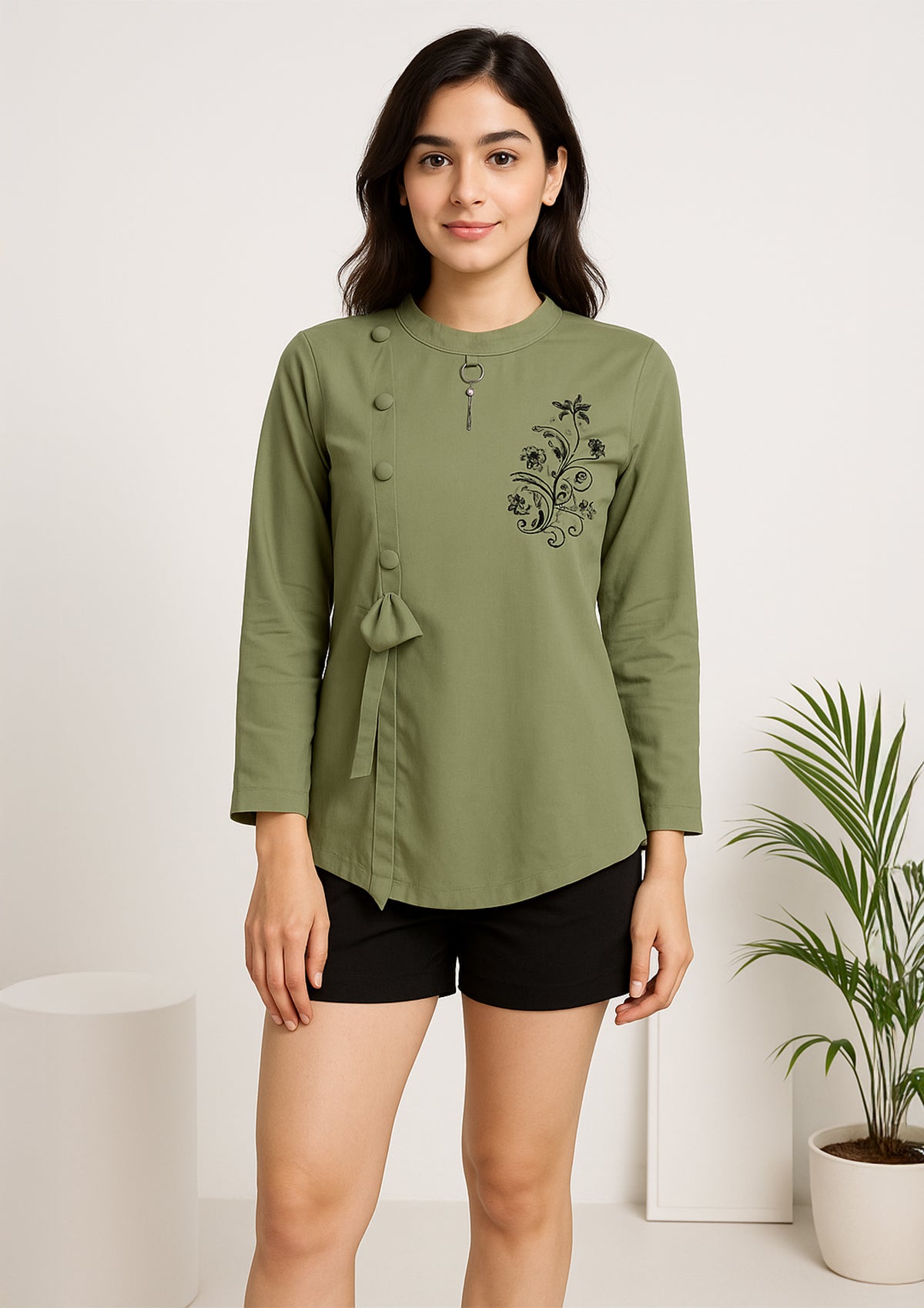 Olive Green Spandex Stretchable Top – Asymmetric Button Design