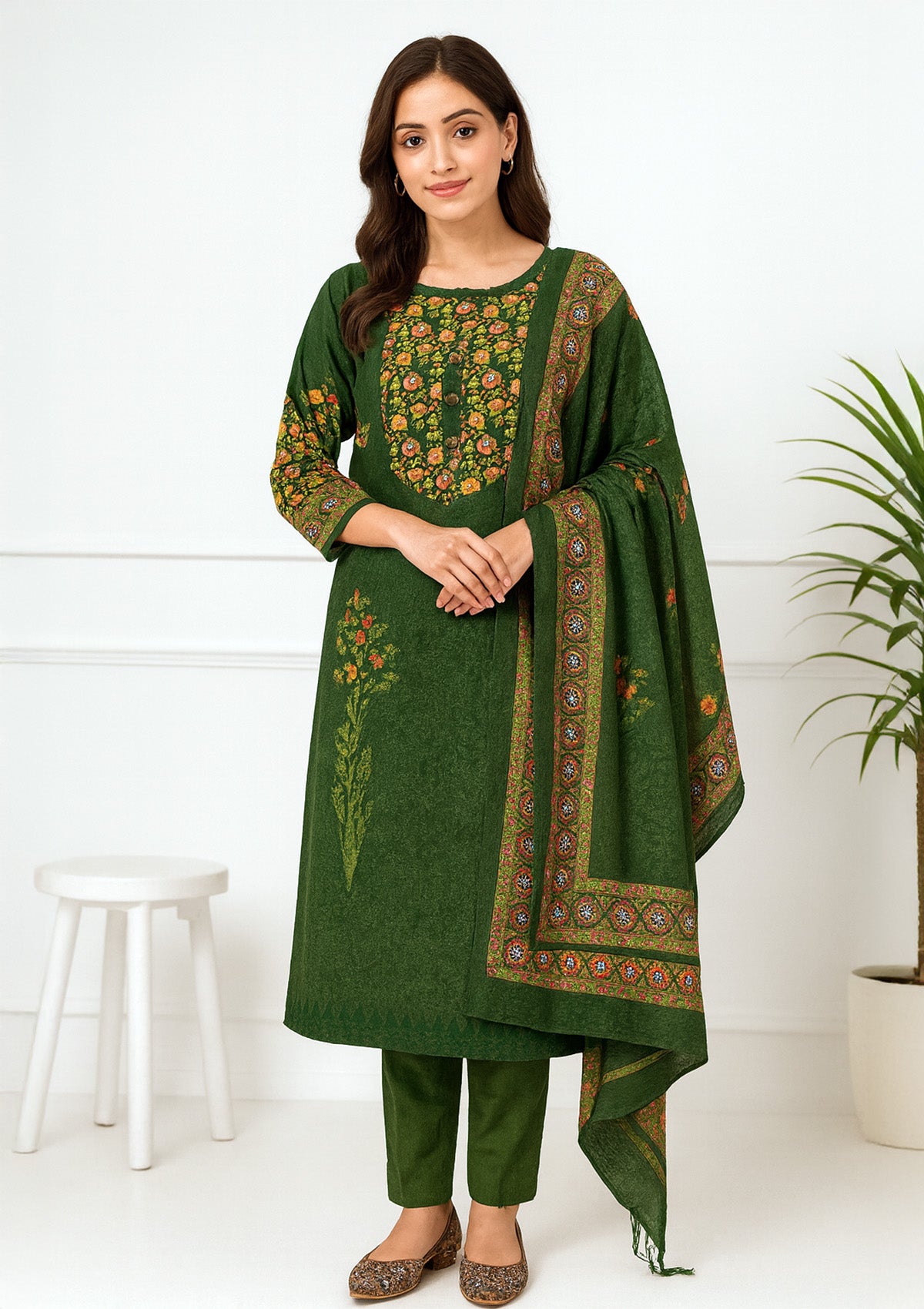 Unstitched Winter Suit Set with Stole – Forest Green