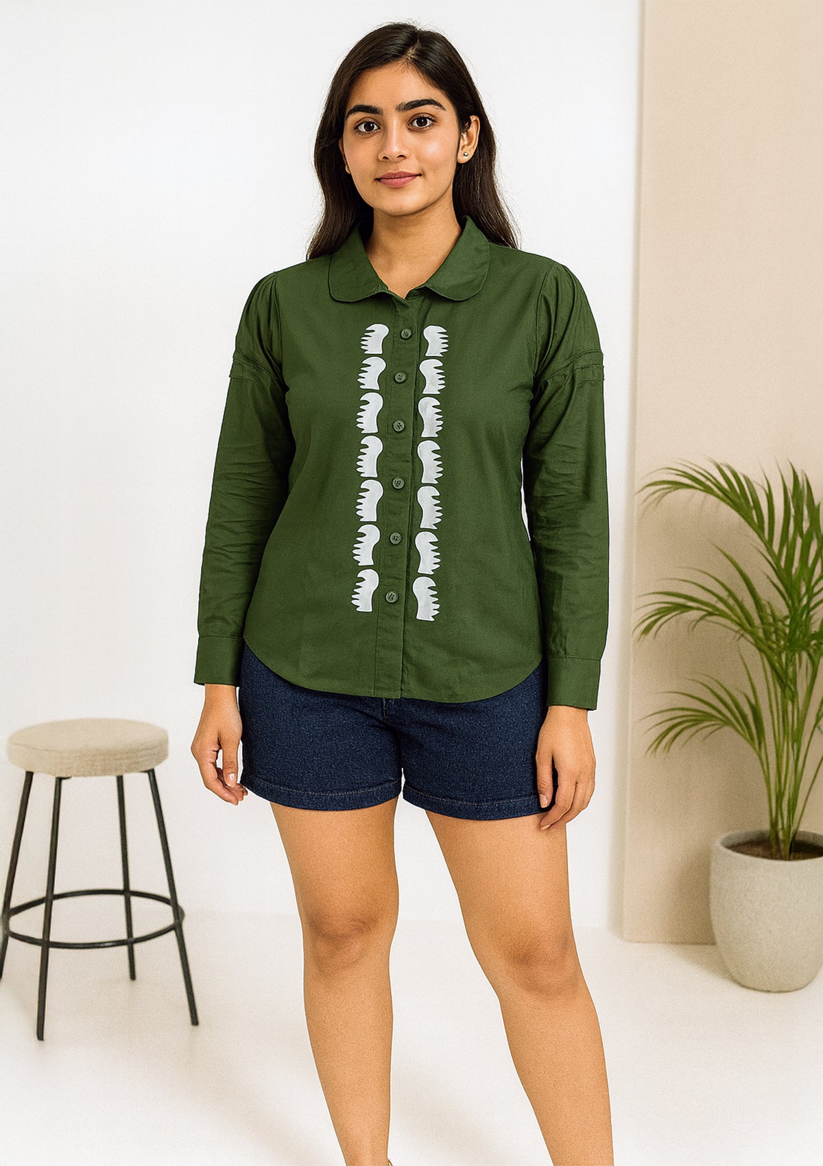 Women’s Olive Green Cotton Shirt – Bold Abstract Center Print