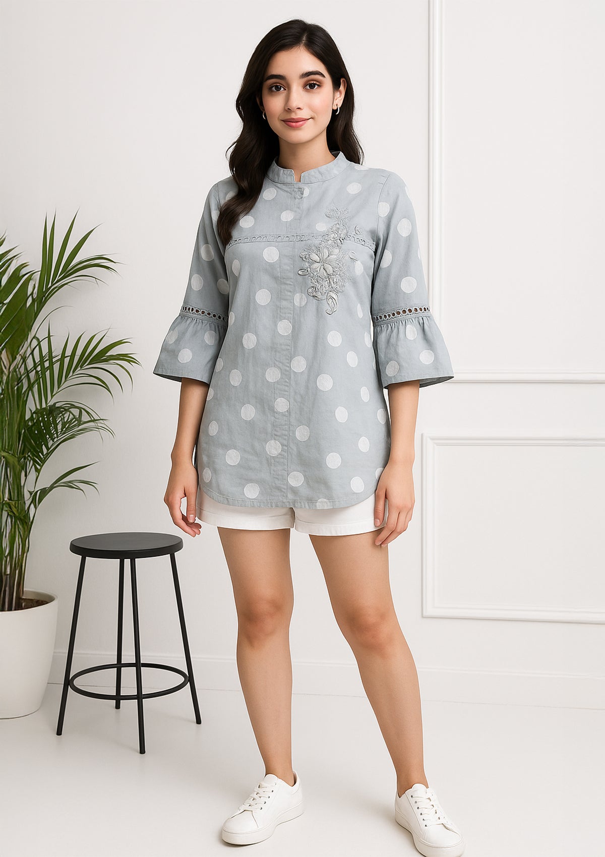 Grey Polka Dot Rayon Top – Embroidered Floral & Designer Sleeve