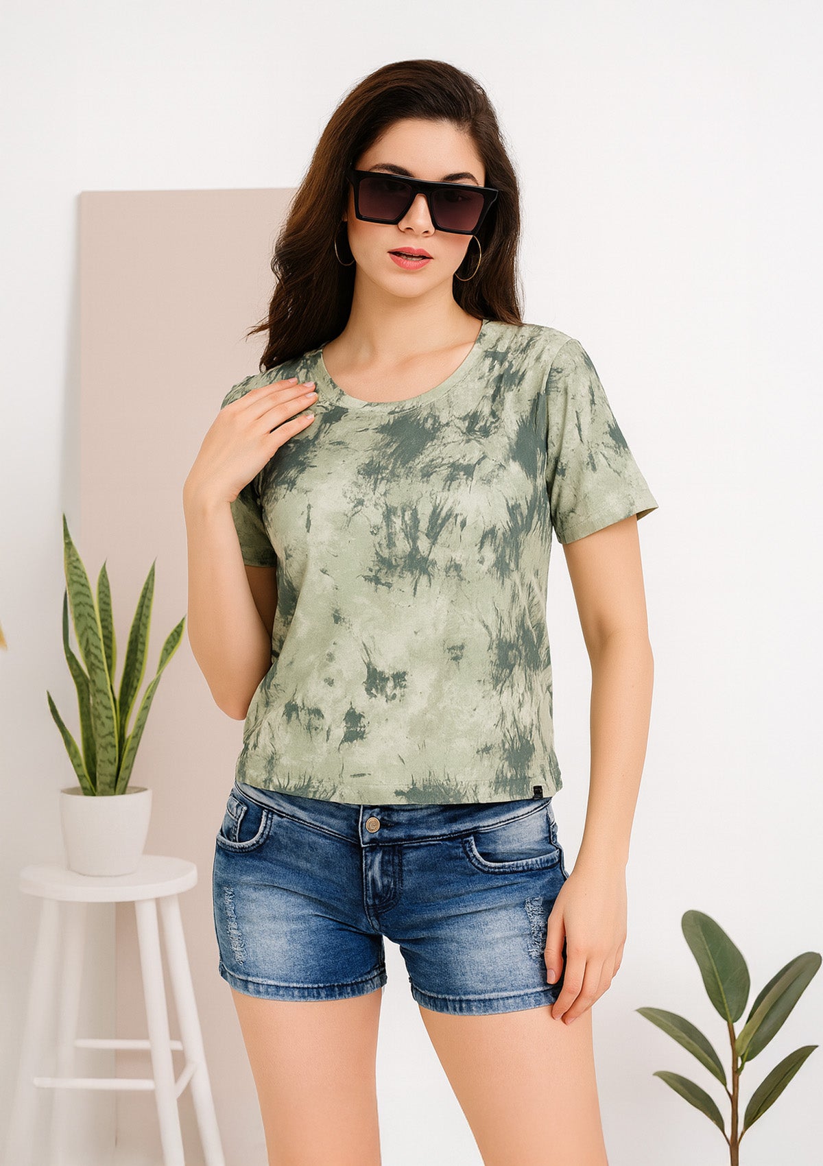Women’s Tie‑Dye T‑Shirt – Sage Green & Soft Stretch Knit