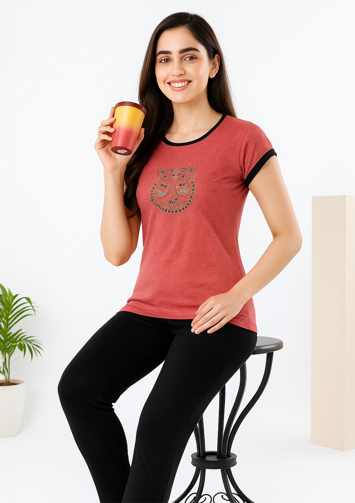 Coral Print Tee and Black Pyjama Lounge Set - NightWear