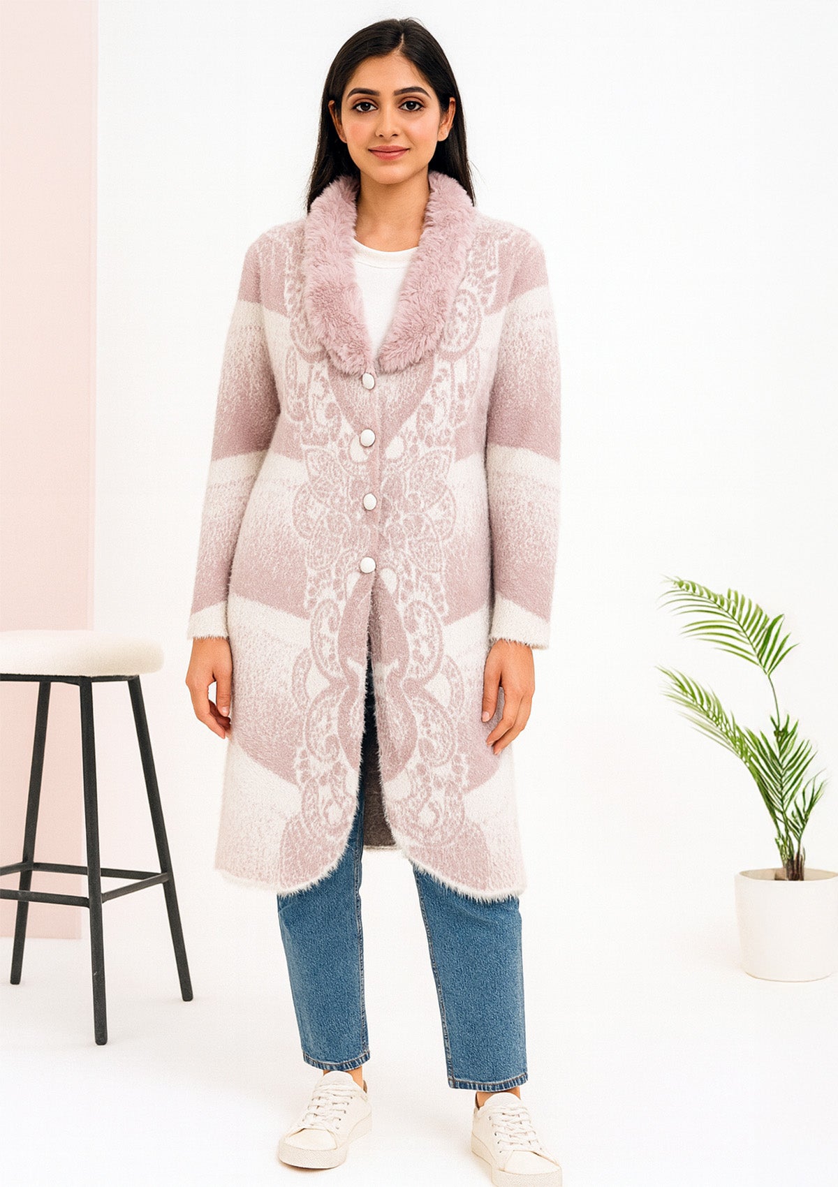Feather Wool Long Cardigan – Mauve & White Stripe