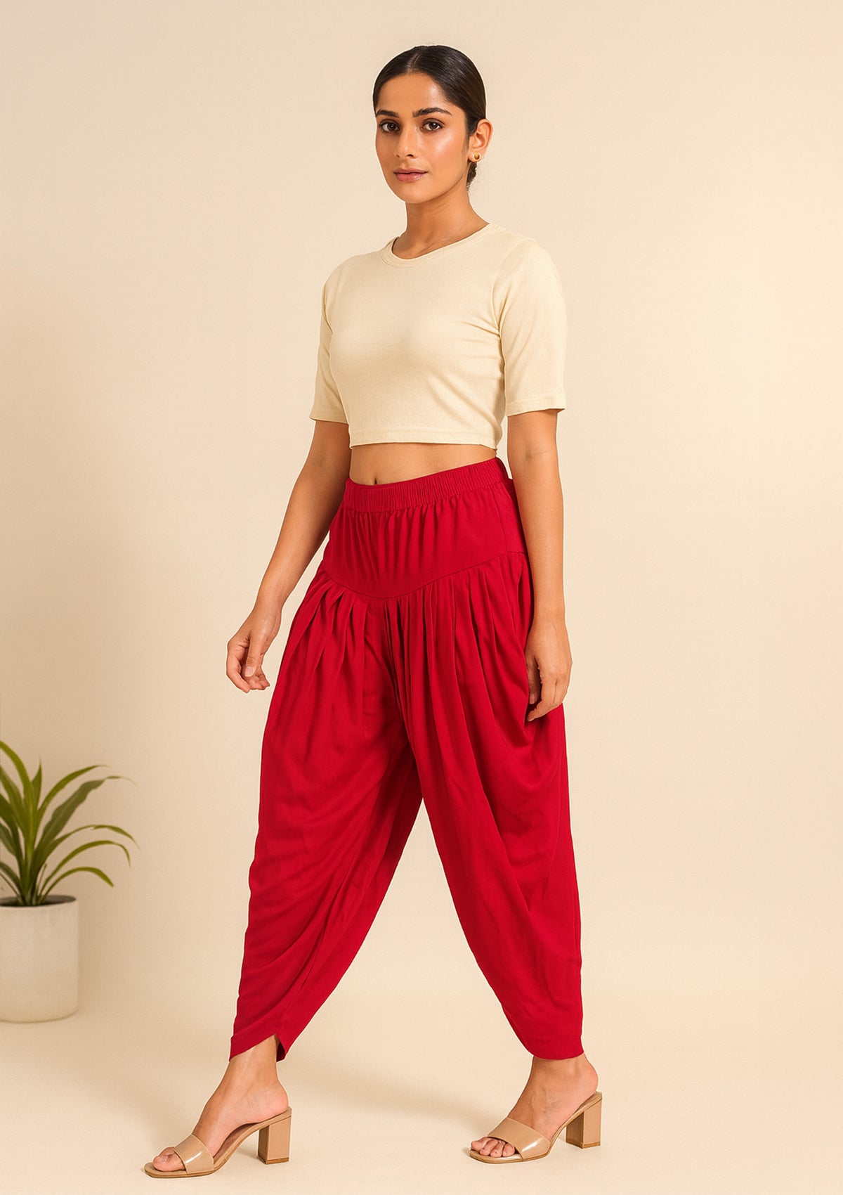 Women’s Red Solid Dhoti Pants – Stretch Hosiery Draped Salwar