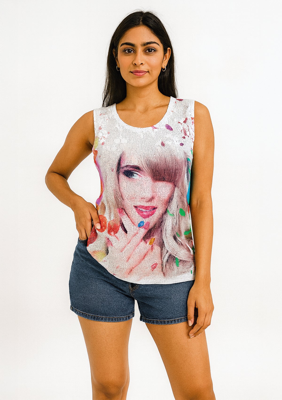 Women’s Sleeveless Multicolor Graphic Net Top – Trendy Printed