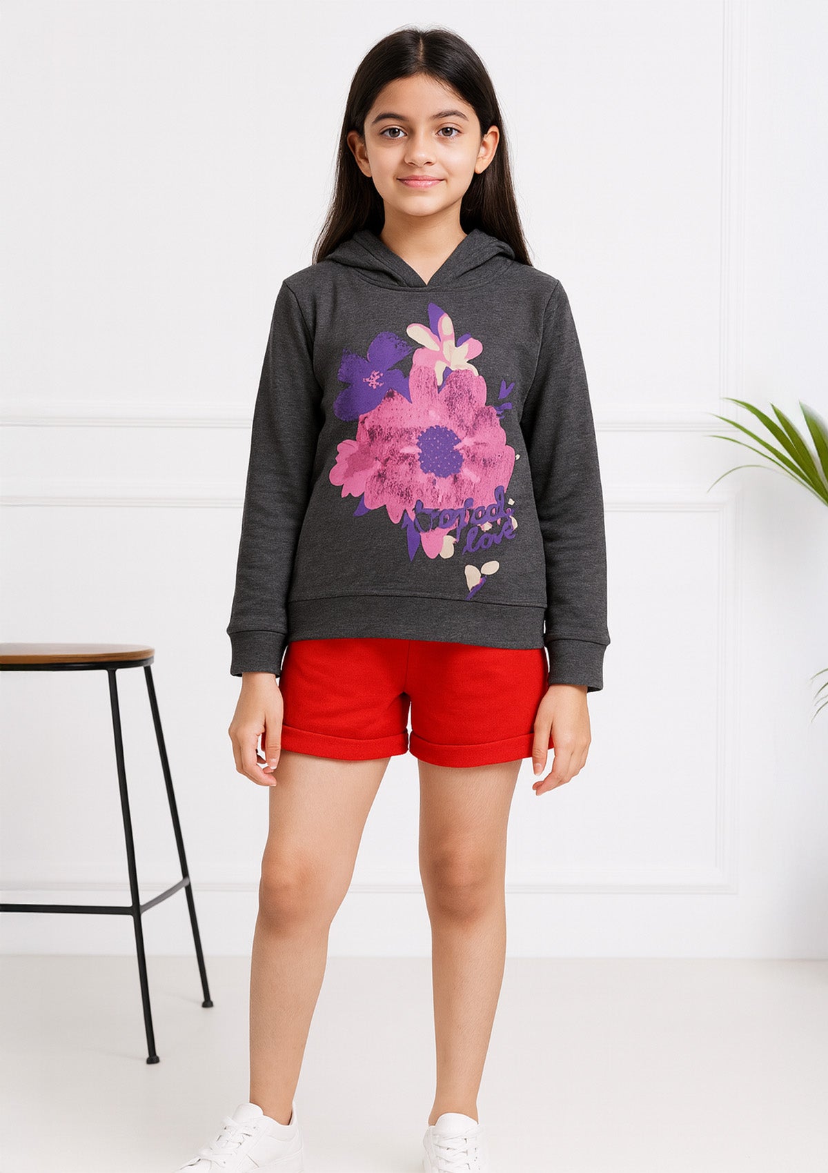 Girls Floral Hoodie Top – Soft Cotton Blend Sweatshirt with Hood