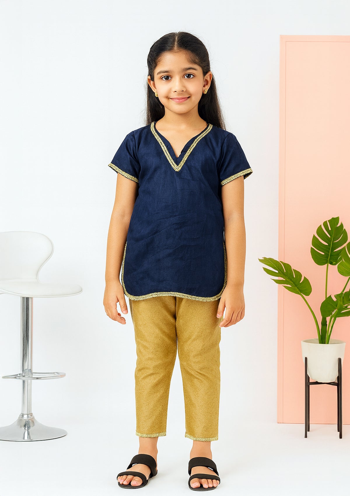 Navy Blue Silk Kids Kurta – Golden Zari Trim & Ethnic Partywear
