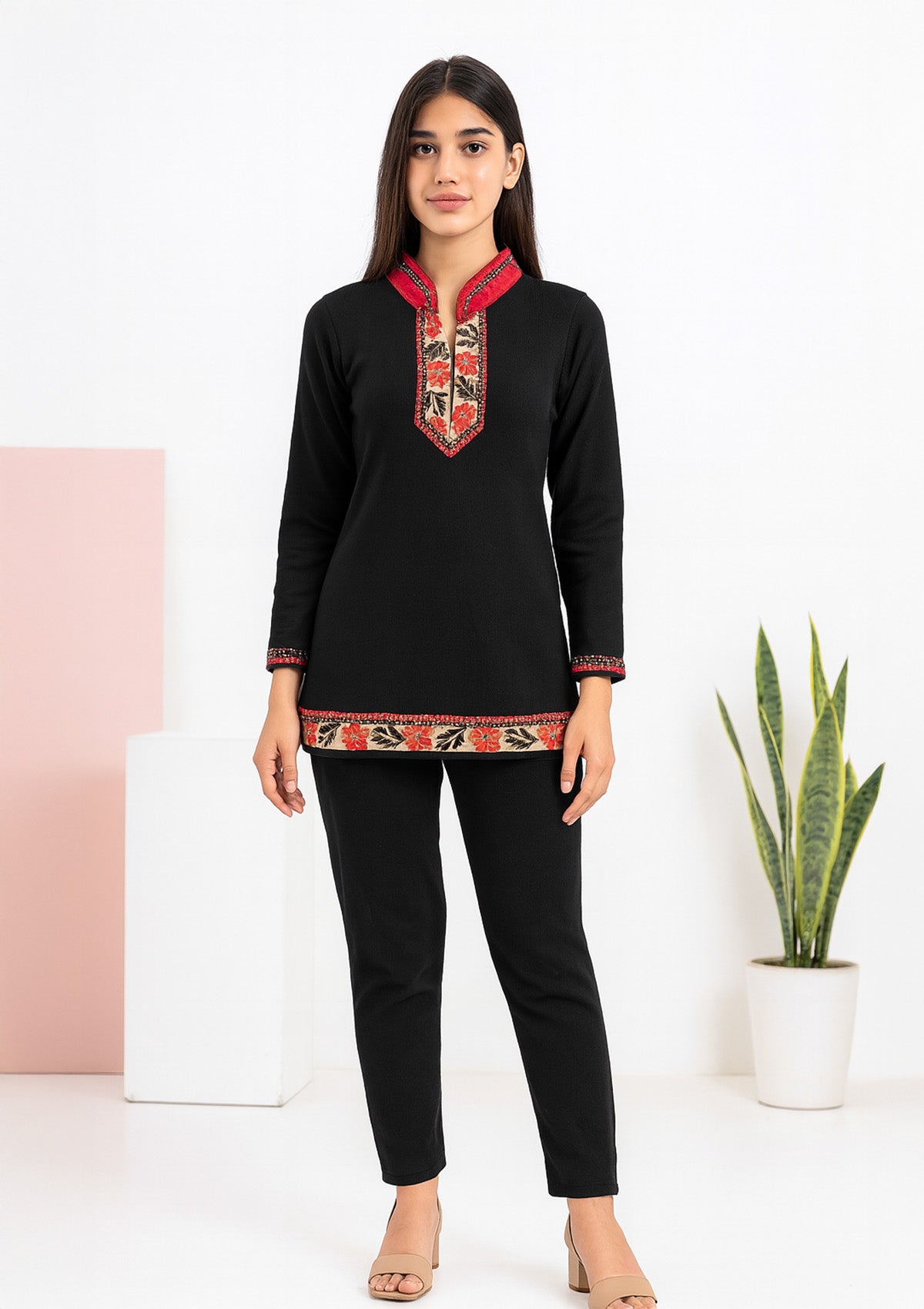 Girls Woolen Suit Set – Embroidered Kurta with Pant