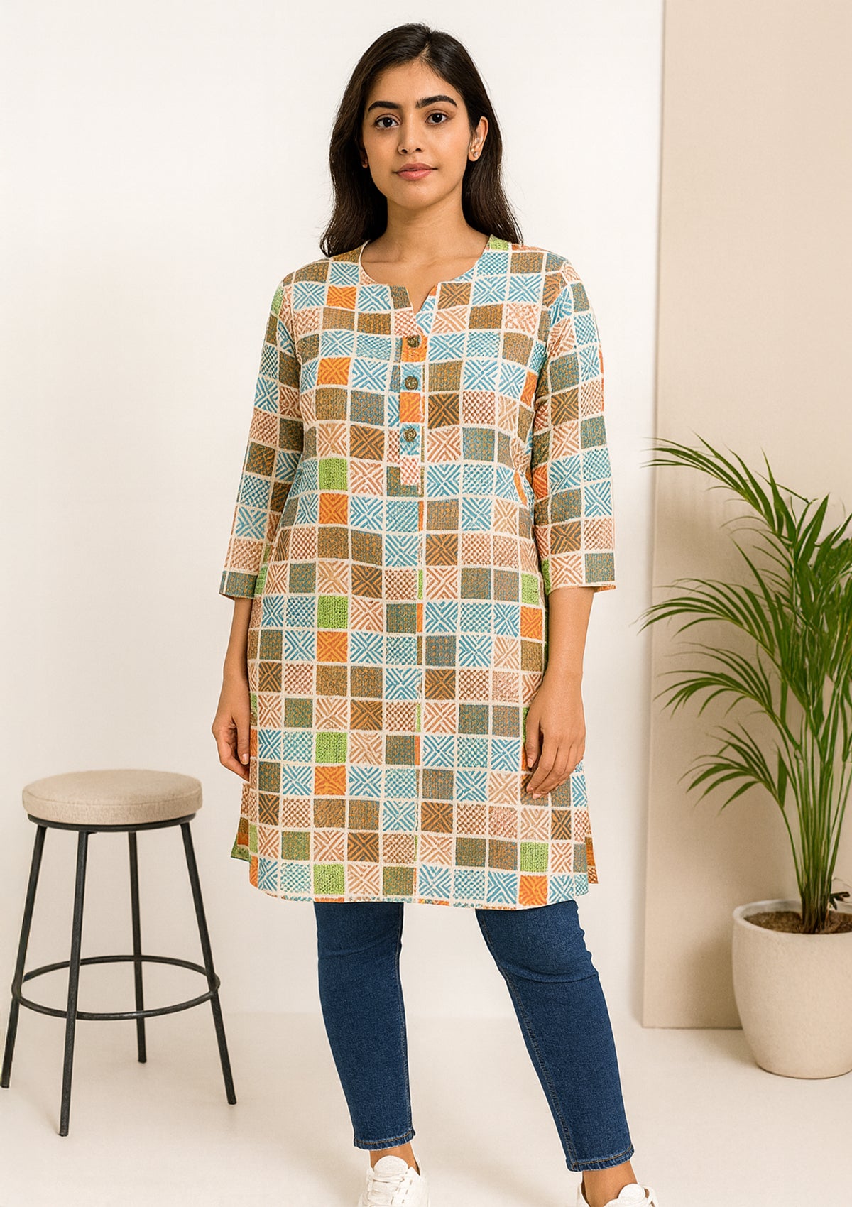 Women’s Multicolor Cotton A-Line Kurta – Abstract Square Print