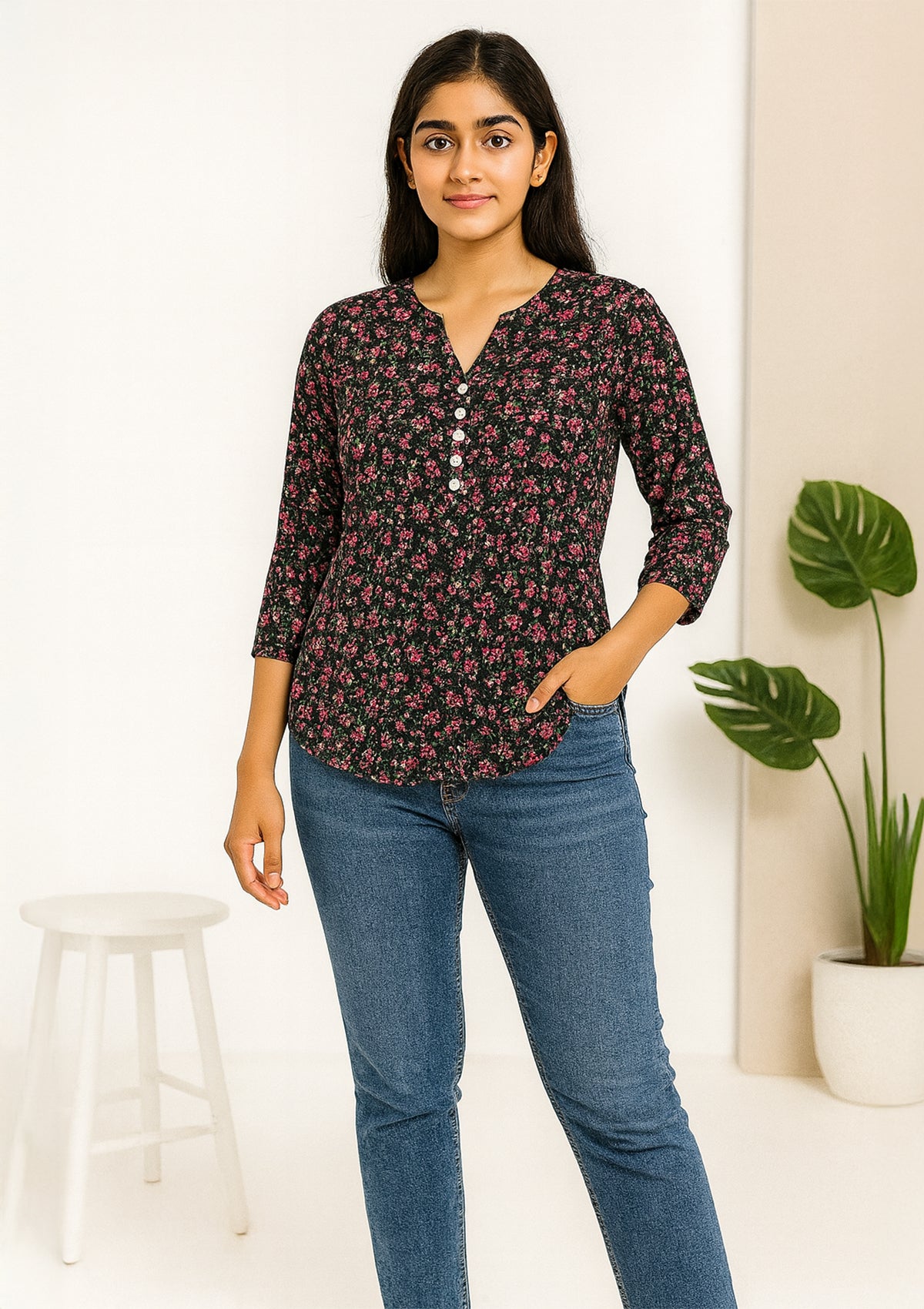 Women’s Viscose Rayon Floral C-Cut Top – Black Base Multicolor